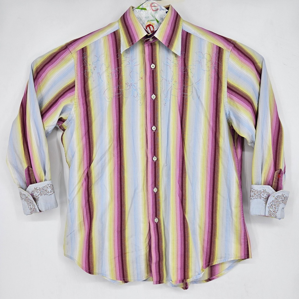 Robert Graham Shirt Mens Large Button Up Striped Embroidered Floral Flip Cuff